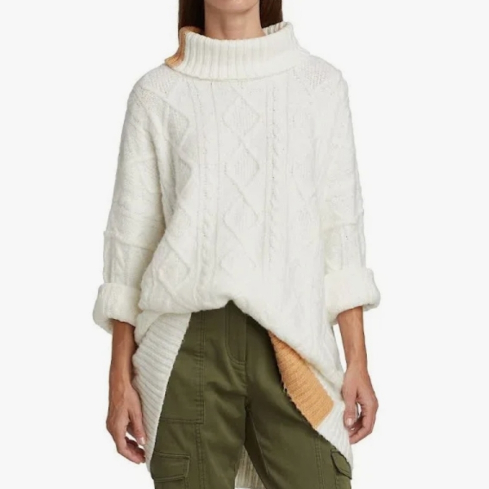 FREE‎ PEOPLE Forever Cream Tan Oversized Turtleneck Cable Knit Sweater Size M/L